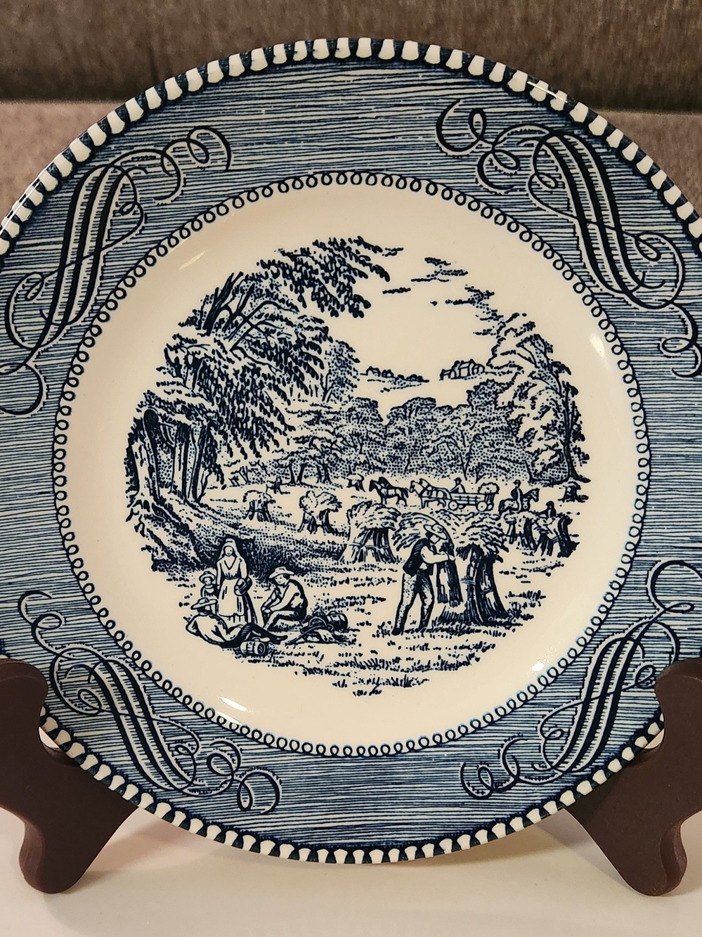 Vintage Currier and Ives Blue Harvest Bread Plate 6 3/8" Royal China USA